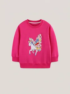 Girls long sleeve rose red sweatshirt with colorful unicorn embroidery and ribbed trim