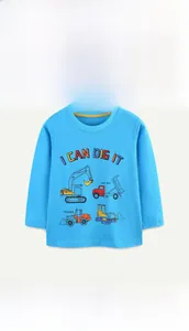 Close-up of sky blue cotton kids t-shirt with detailed cartoon excavator and truck prints