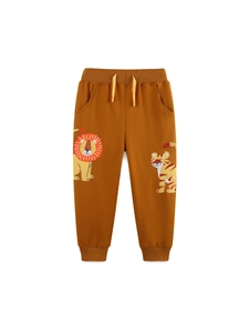 Kids mustard yellow jogger pants featuring cute lion and tiger cartoon embroidery