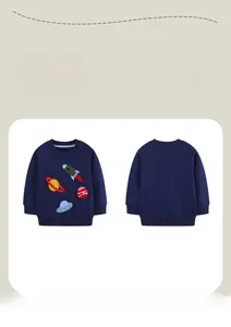 Detailed front and back views of navy kids sweatshirt with space theme embroidery