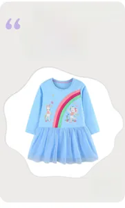 Detail of light blue girls' long-sleeve knit dress with mesh skirt and rabbit embroidery