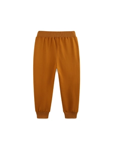 Caramel colored boys joggers with lion embroidery and elastic waistband on white background
