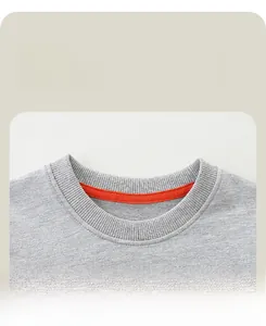 Detail of gray cotton sweatshirt neckline with orange reinforcement tape and ribbed collar
