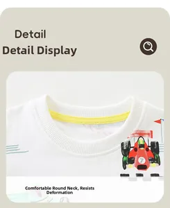 Detail eines bequemen Rundhalsausschnitts am weißen Baumwoll-T-Shirt mit Rennwagen-Print