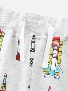 Pantalon de sport gris pour enfants avec motifs fusées et taille élastique à cordon