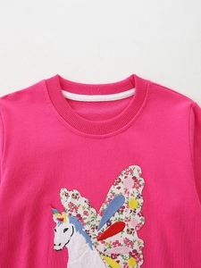 Pink girls unicorn sweatshirt with floral embroidered wings and ribbed crew neck