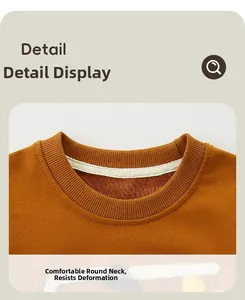 Macro detail of comfortable crew neck with shape-retaining taped neck seam on kids sweatshirt