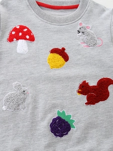 Sweat gris fille en coton avec broderies chenille d'animaux colorés sur le devant