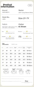 Detailed size chart for girls cotton long sleeve dress with measurements for 2Y-7Y