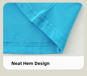 Detail of double-stitched hem on sky blue cotton kids t-shirt with neat craftsmanship