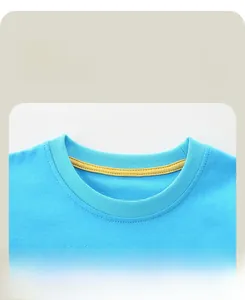 Detail of sky blue round neck with yellow reinforced tape on cotton sweatshirt
