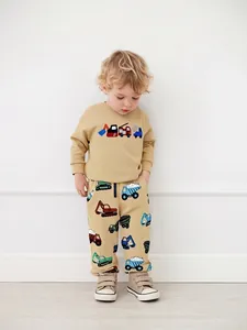 Boys Fashion Cotton Sweatshirt Long Sleeve Crew Neck Kids Pullover With Cartoon Car Embroidery Soft Knit Autumn Top