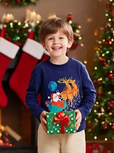 T-Shirt à Manches Longues de Noël pour Garçons Pur Coton Imprimé Père Noël Renne Col Rond Pull Automne Bleu Marine Enfants