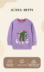 Detail of purple cotton girls' sweatshirt featuring 100% breathable dinosaur appliqué fabric