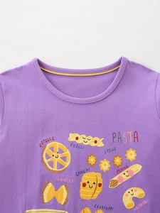 Purple cotton long sleeve T-shirt for girls featuring colorful cartoon pasta print details