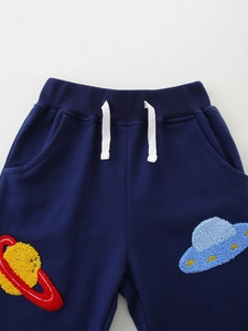 Navy blue children's cotton sweatpants featuring planet and UFO towel embroidery details