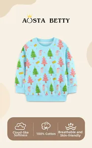 Close-up of children's light blue Christmas sweatshirt with 100% cotton knit fabric texture