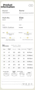 Detailed size chart for girls' cotton sweatshirt from 2Y to 7Y with height recommendations