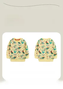 Detailed front and back view of a yellow cotton sweatshirt with Christmas dinosaur print
