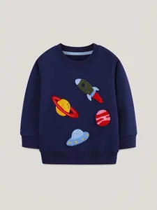 Navy blue kids sweatshirt with space rocket and planet towel embroidery designs