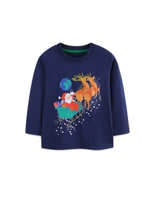 T-shirt Noël manches longues garçon avec imprimé Père Noël et renne sur fond bleu marine