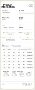 Size chart for 100% cotton girls' long sleeve sweater showing measurements from 2Y to 7Y