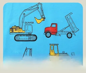 Detail of blue cotton T-shirt featuring cartoon excavator and truck prints for boys