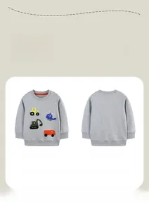 Detailed front and back views of gray knit sweatshirt featuring colorful vehicle embroidery
