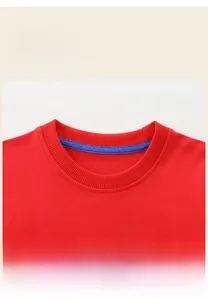 Detail view of the red cotton sweatshirt featuring a ribbed neckline and blue inner taping