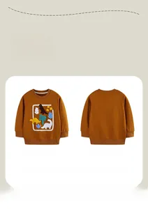 Front and back view of brown kids sweatshirt featuring detailed dinosaur towel embroidery