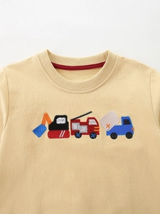 Kids khaki cotton sweatshirt with colorful car embroidery and premium ribbed crew neck