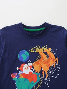 T-shirt bleu marine à manches longues pour garçons avec motif Père Noël et rennes