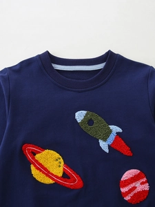 Dark blue kids crewneck sweatshirt with rocket and planet towel embroidery designs