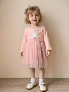 Vestito da Principessa a Maniche Lunghe in Cotone e Rete per Bambina Con Ricamo a Coniglio Rosa Stella Tutu per 2-7 Anni