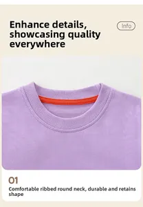 Detail of purple cotton sweatshirt featuring ribbed crew neck and orange inner tape reinforcement
