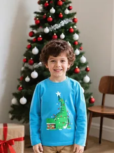 Boys Christmas Dinosaur Long Sleeve T-Shirt Soft Cotton Cartoon Graphic Festive Top Blue Autumn Kids Clothing