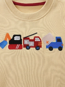 Boys cotton sweatshirt in sand yellow with car embroidery and ribbed crew neck design