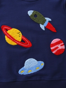 Kids navy cotton sweatshirt featuring detailed space themed towel embroidery with rockets