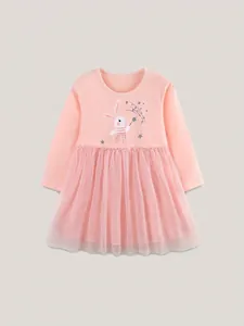 Abito rosa a maniche lunghe per bambine con ricamo di coniglio e gonna in tulle tutu