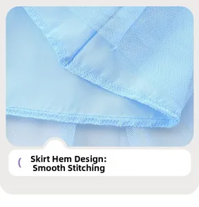Detail of light blue mesh skirt showing precise stitching and smooth satin lining hem