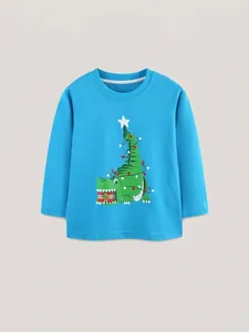 Blue kids long sleeve Christmas t-shirt featuring a cartoon dinosaur and holiday lights