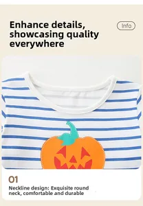 Détail de robe rayée pour fille avec motif citrouille et finition soignée du col