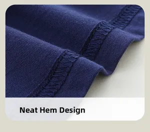 Detail of navy blue cotton t-shirt hem featuring professional double-needle stitching