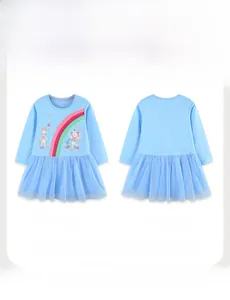 Detailed front and back view of girls' light blue knit dress with rabbit embroidery