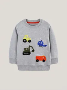 Grey cotton kids sweatshirt with colorful embroidered construction vehicles and helicopters