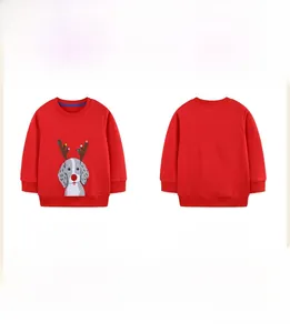 Detail view showing front and back of red girls' Christmas sweatshirt with dog embroidery