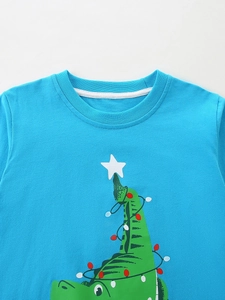 Bright blue boys long sleeve Christmas T-shirt with festive green dinosaur and lights