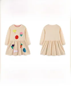Front and back view of girls' long sleeve cotton dress with cute Easter embroidery