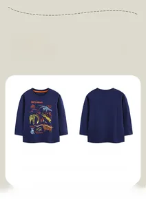 Detailed front and back view of navy blue boys' long sleeve tee with dinosaur animal prints