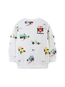 Jungen weißes Langarm-Sweatshirt aus Baumwolle mit bunten Rennwagen-Motiven und Bündchen
